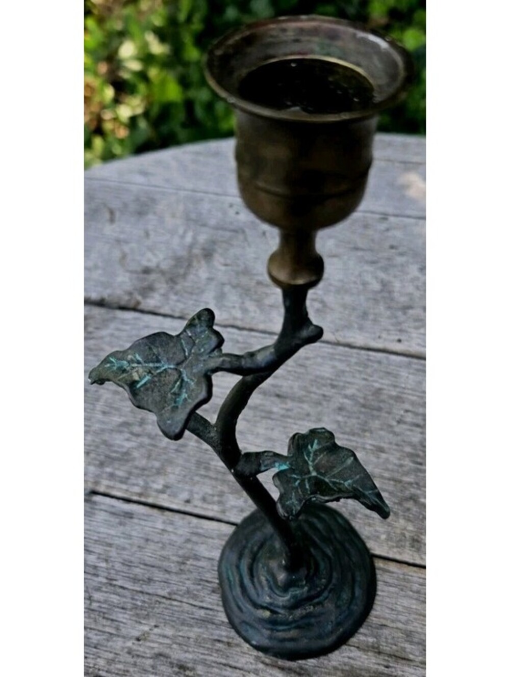 Vintage Verdigris Brass Candle Taper Candlestick Holder Patina Leaves 8" Korea